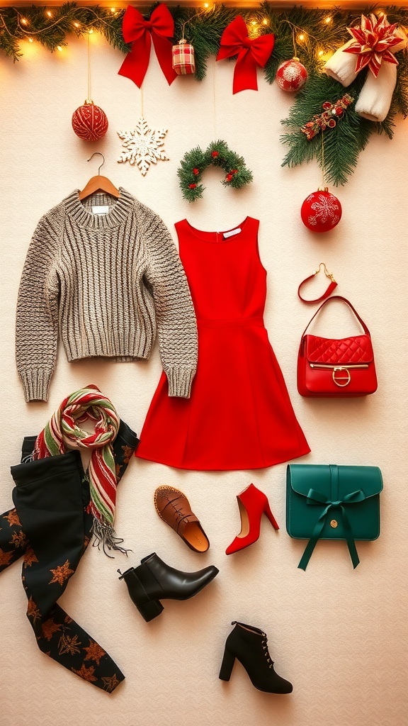 Festive Christmas Outfit Ideas A collection of Christmas outfits including a sweater, dress, smart casual attire, and accessories on a festive background.